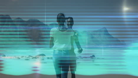 Embracing on beach, couple surrounded by digital lines animation overlay