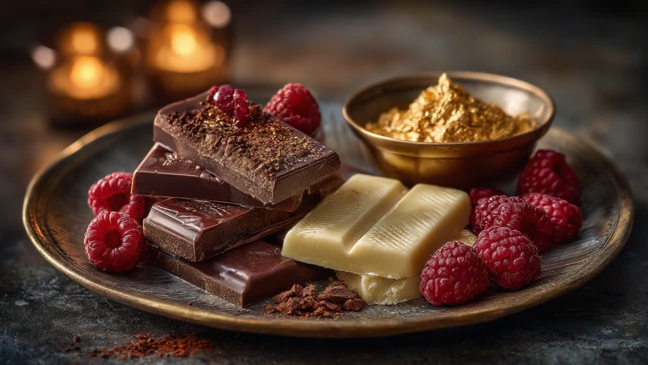 Piatto di cioccolato gourmet sapientemente disposto con lamponi maturi e oro alimentare, perfetto per una lussuosa esperienza di dessert a lume di candela