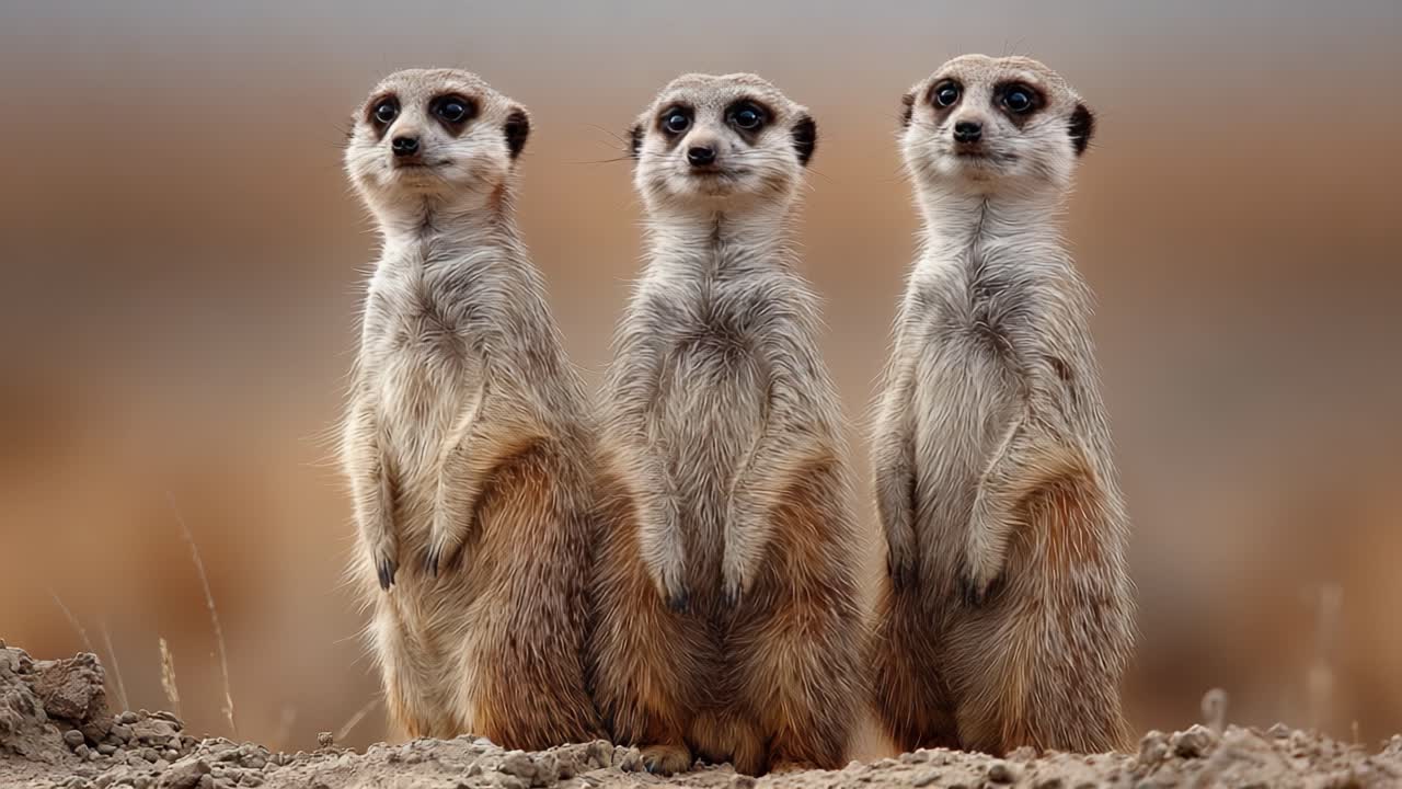 Suricati curiosi stanno insieme in un habitat naturale, osservando l'ambiente circostante con espressioni vigili e posture distintive, catturando un momento di comportamento animale.