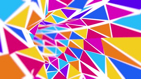 camera goes through a geometric circular tunnel formed by yellow, blue, red and purple triangles that are deformed. 3d animation