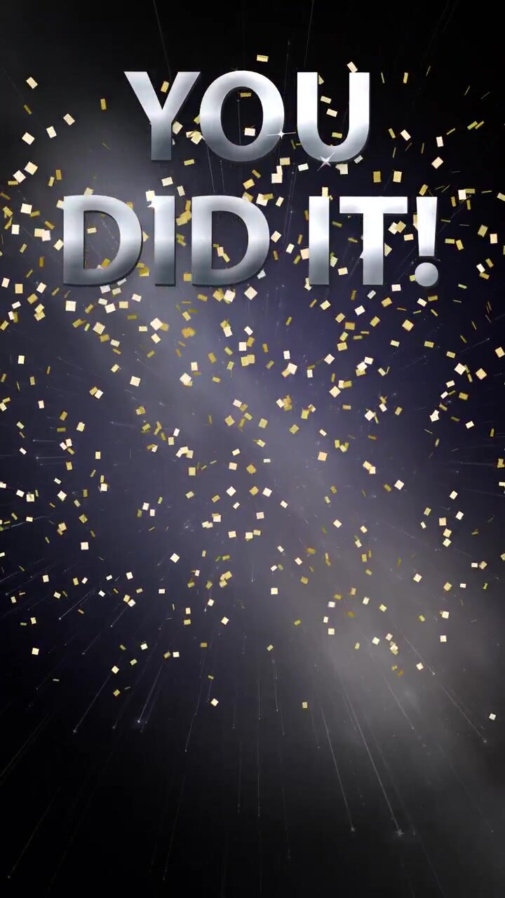 Silver 3D text appears over drifting stars and falling gold confetti in vertical orientation.