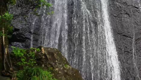 Wasser,-Das-Von-Einigen-Großen-Felsen-In-Ein-Nicht-Sichtbares-Becken-Fällt,-Das-Hinter-Einigen-Großen-Moosigen-Felsen-Versteckt-Ist,-Die-Mit-Vegetation-Bedeckt-Sind,-Darunter-Gras,-Moos,-Ein-Kleiner-Baum-Und-Viele-Andere-Pflanzen