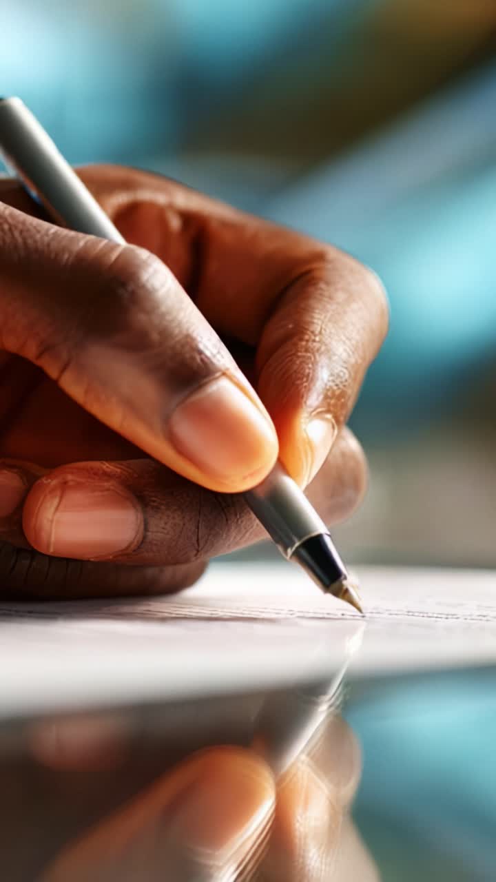 A close-up of a hand gripping a pen, intensely focused on writing on a piece of paper, capturing the essence of creativity and expression in motion