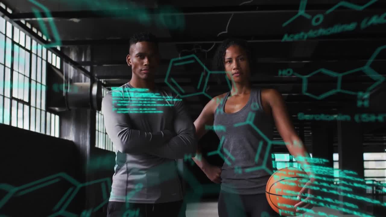 Animation of statistics and graphs over man and woman standing and holding basketball