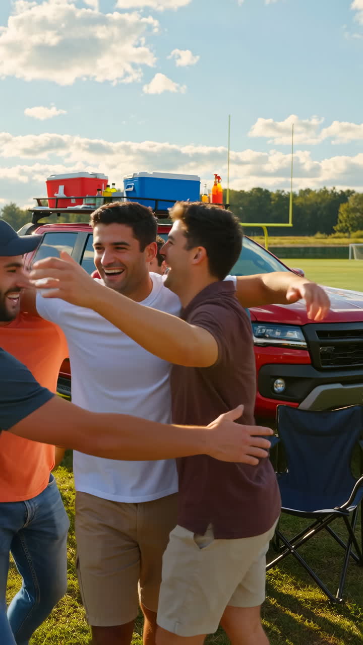 Joyful Friends Hugging and Celebrating at a Football Tailgate Party