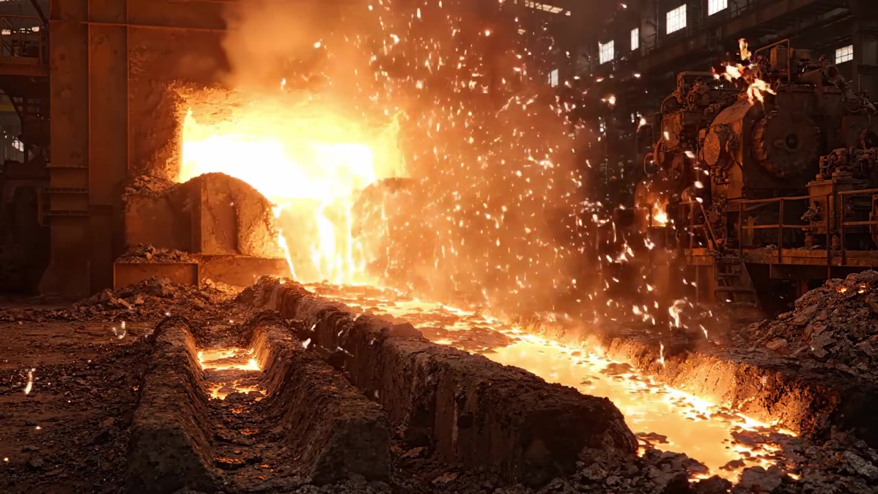 Calore e luce intensi emanano dal metallo fuso che scorre in un'acciaieria, catturando l'essenza dei processi industriali e delle tecniche di lavorazione dei metalli.