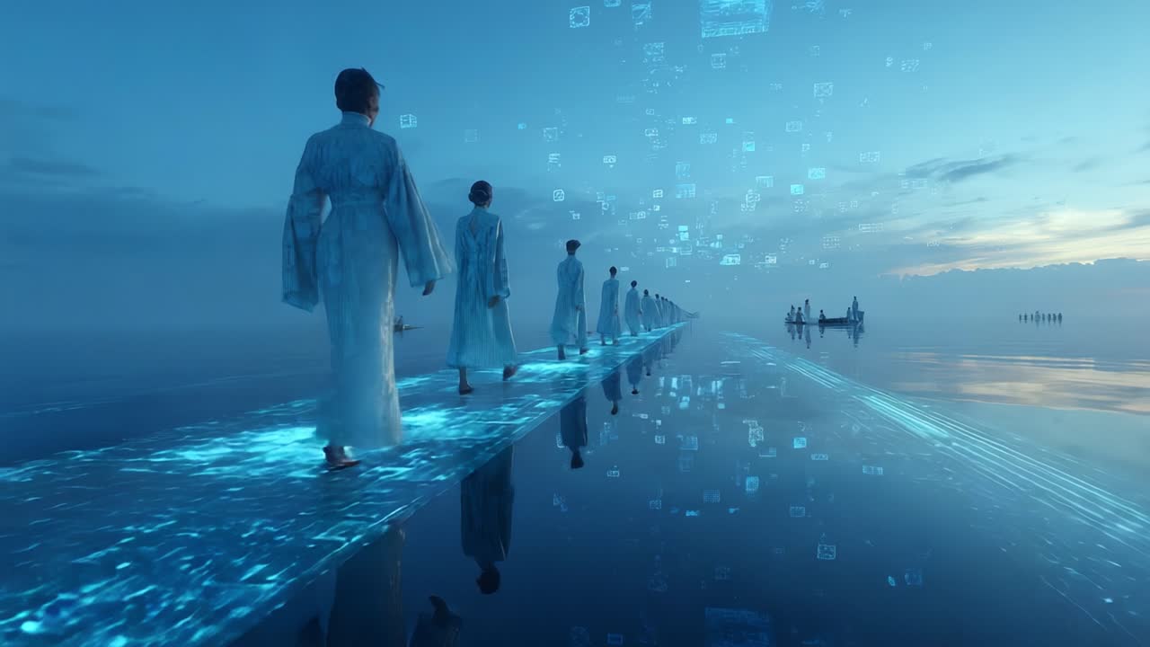 People Walking on a Glowing Path Over Water