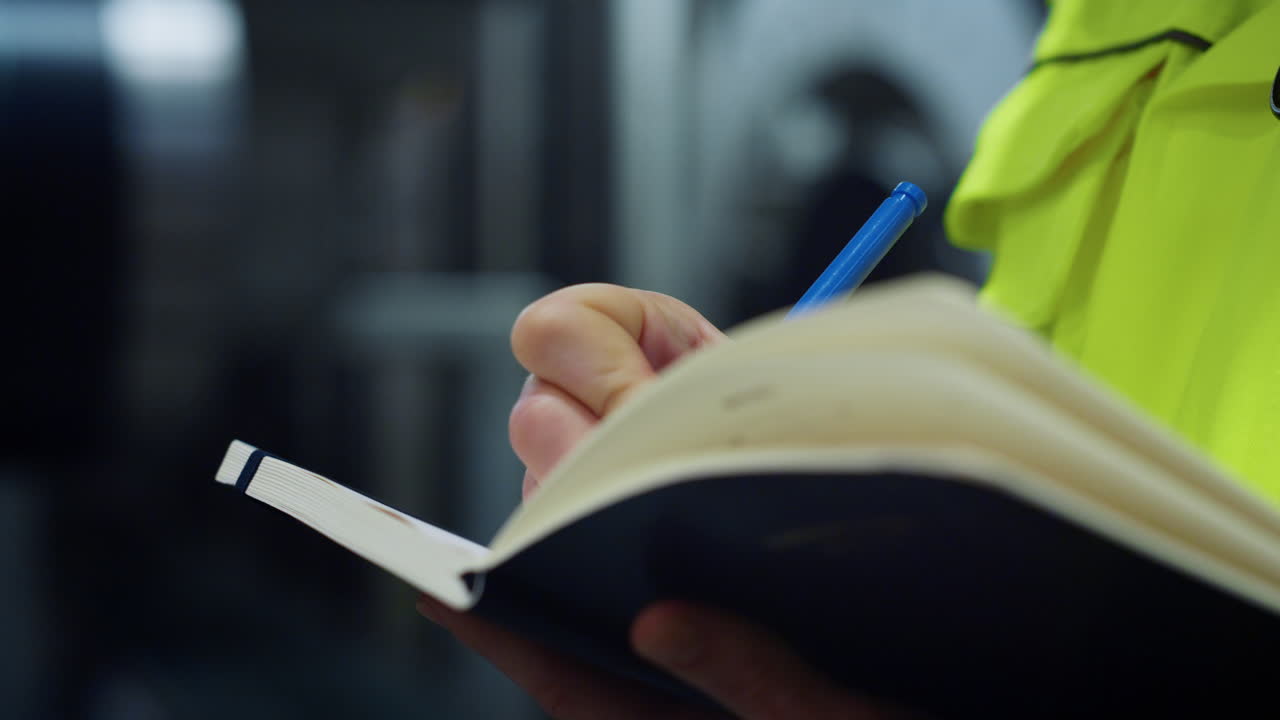 Woman hands writing data in notebook on big logistic company closeup.