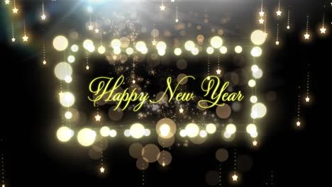 animation of happy new year text with glowing fairy lights