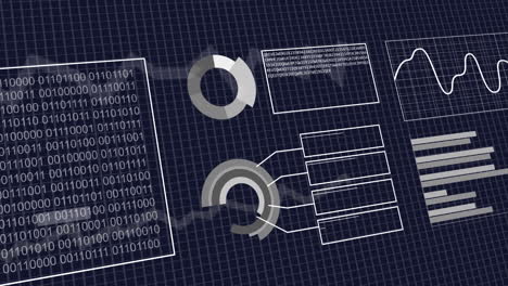 animation of interface with binary coding and statistical data processing against blue background