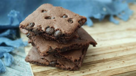 close-up of a stack of delicious chocolate chip brownies