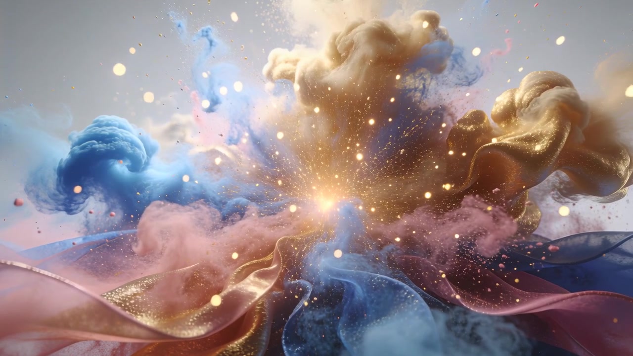 Core emitting growing blue-pink-gold clouds, ribbons, dust after flash on backdrop, forming burst