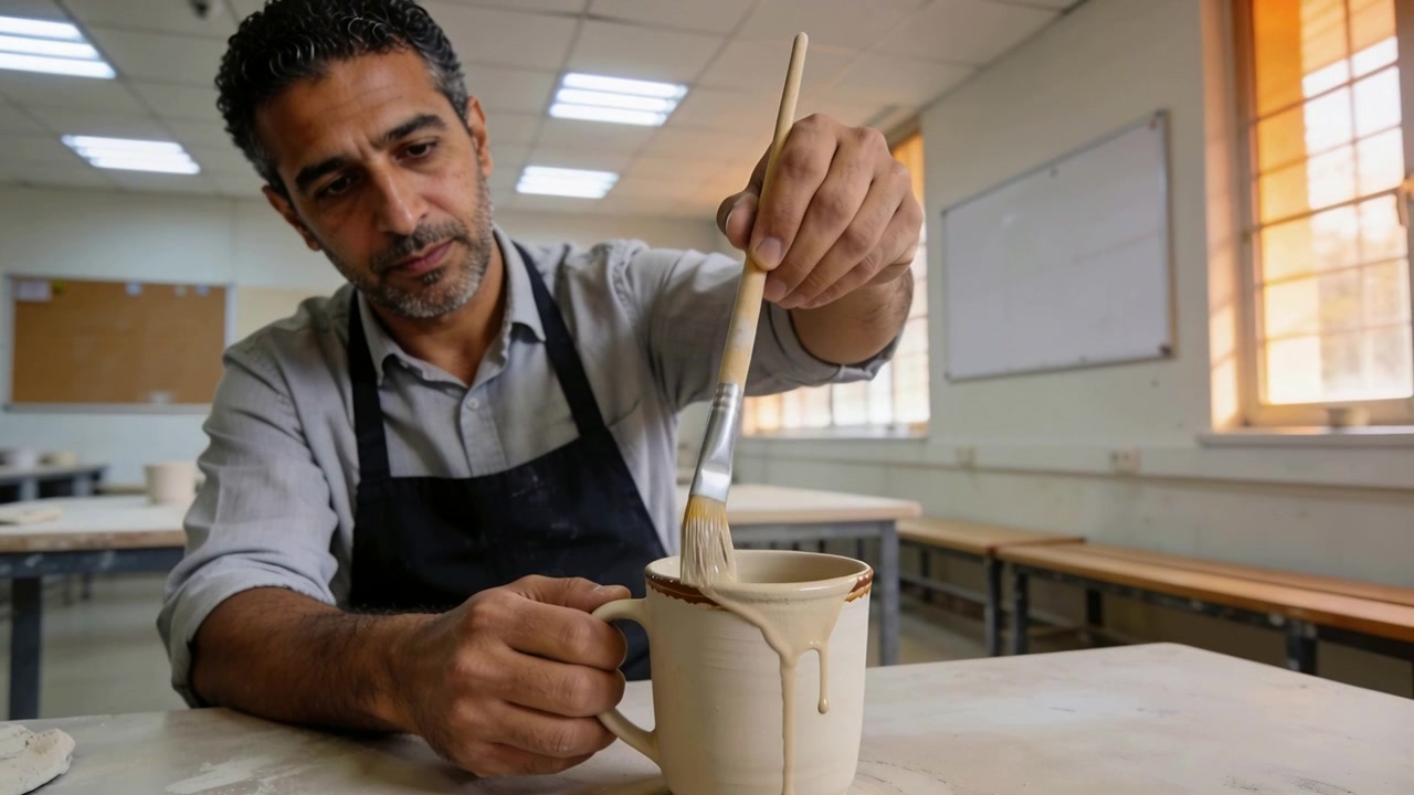 Vasaio di mezza età che intinge il pennello e applica smalto a una tazza in studio, indossando un grembiule e rivestendo il bordo.