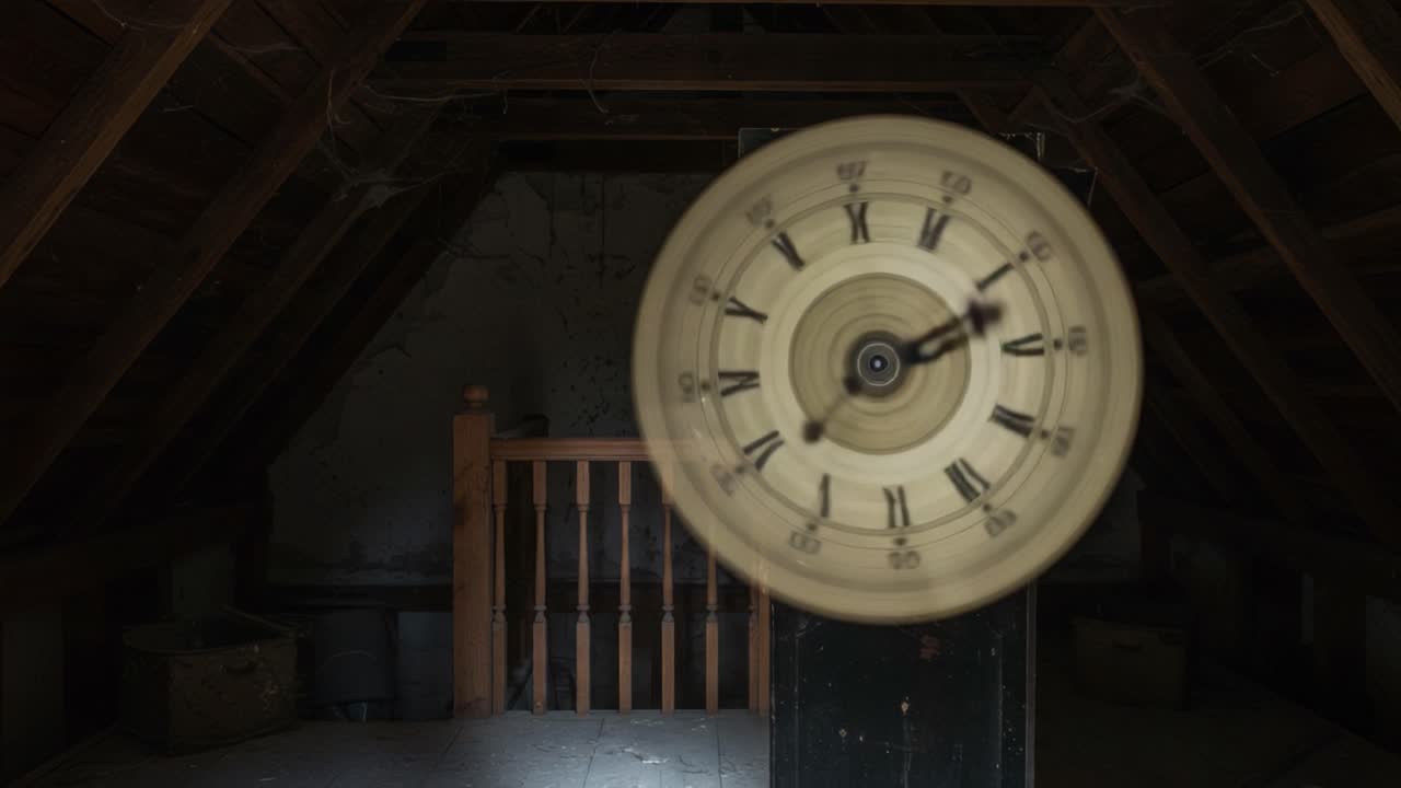 A Captivating Visual Journey of Time: The Movement of the Clock's Hands in an Attic, Captured in Two Distinct Frames