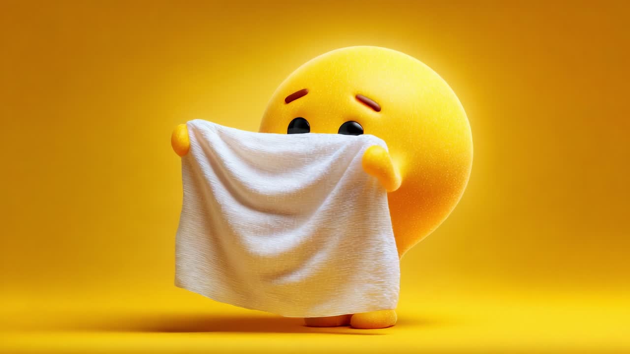 A cheerful yellow emoji character playfully hides behind a white towel, creating a whimsical and light-hearted atmosphere against a bright golden backdrop, evoking joy and innocence