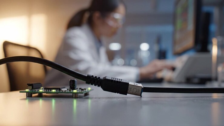 A close-up view of a circuit board with an Ethernet cable connected, while a blurred researcher works intently on a computer in a modern laboratory setting.