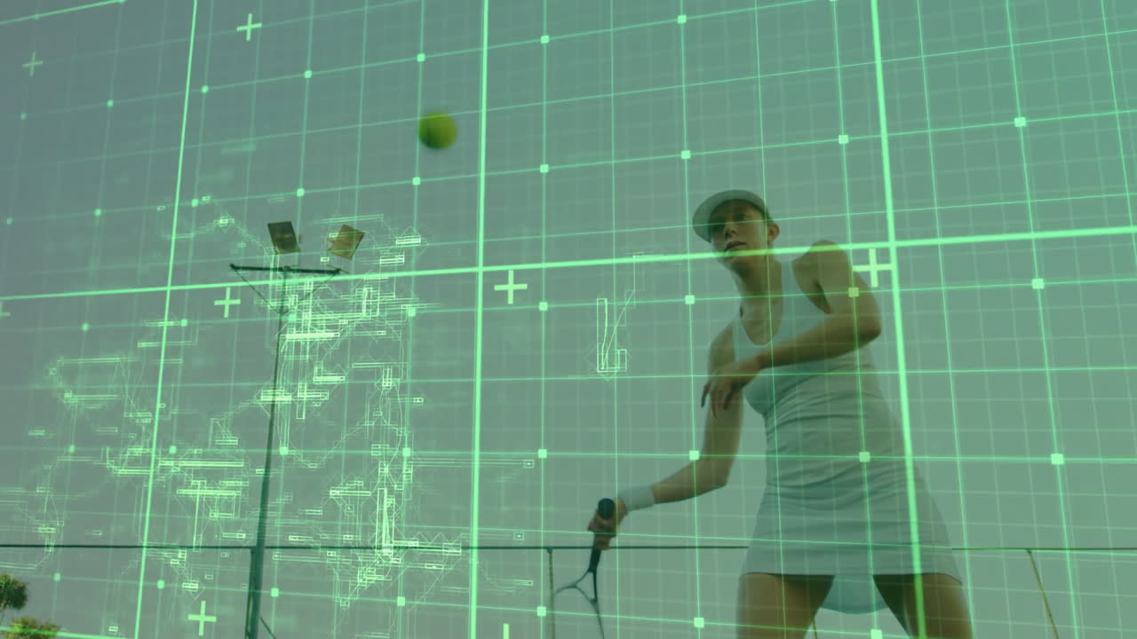 female tennis player swinging racket outdoors, using sports tech green grid with wireframe overlays