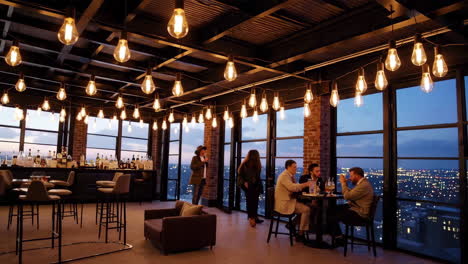 upscale rooftop bar with panoramic city views at night