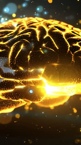a brain with a yellow glow surrounding it. the brain is surrounded by a blurry background with a lot of light and dark spots. the brain is the main focus of the image