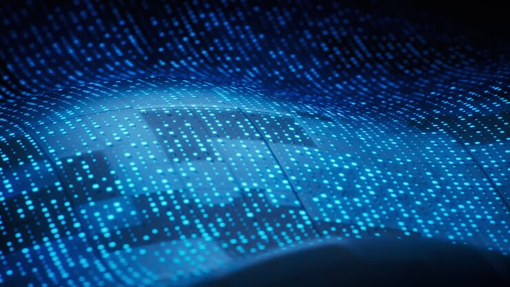 Sfondo blu con griglia a onde tecnologiche, rendering in 3D