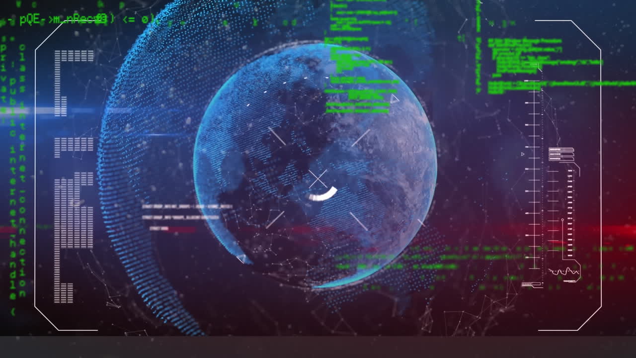 animación del lenguaje informático sobre puntos conectados alrededor de globos contra un fondo abstracto