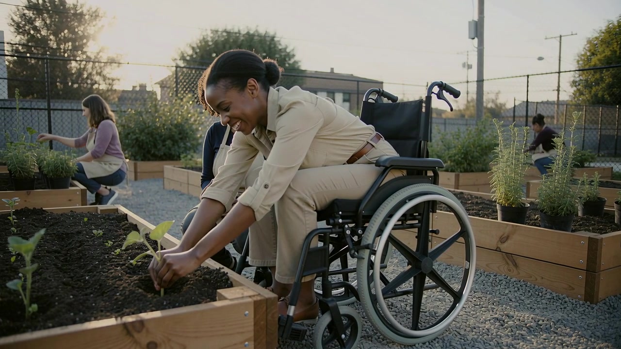 Spotting seedling woman in wheelchair wearing blazer planting in raised bed to root at urban garden