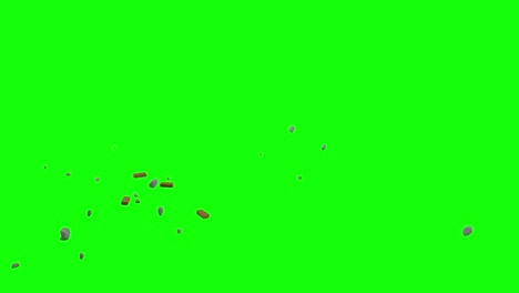 falling pieces of bricks and rocks, appearing from left side of the screen and scattering on imaginary flat surface, green screen background, animation overlay for chroma key blending option