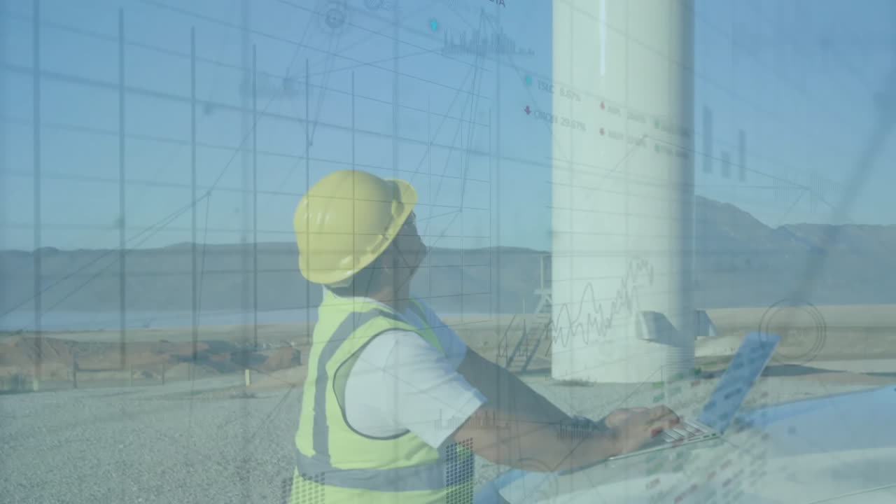 animación de la turbina eólica y procesamiento de datos financieros.