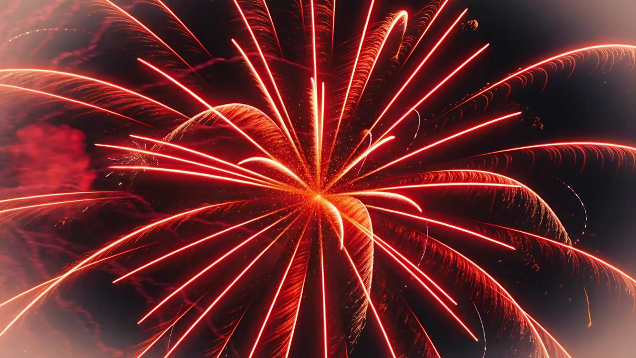 Fuoco d'artificio aereo rosso che scoppia dopo l'esplosione del guscio, espandendosi nel cielo notturno e rivelando un nucleo incandescente.
