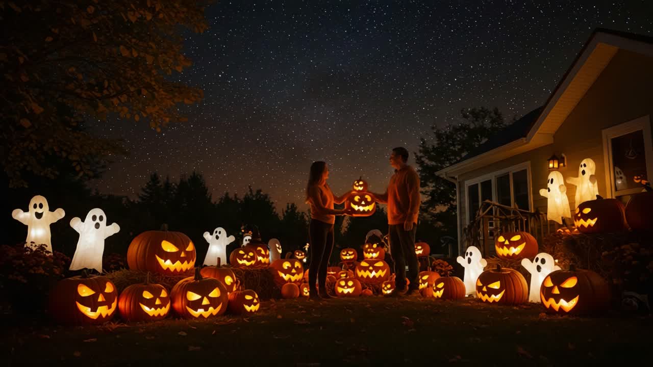 A Captivating Halloween Evening: A Couple Enjoys a Romantic Moment Amidst Glowing Jack-o'-Lanterns and Friendly Ghosts Beneath the Starry Sky