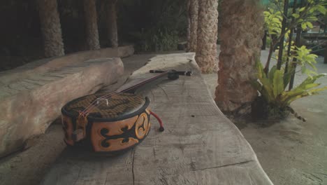 okinawa snakeskin banjo or sanshin on a wooden bench