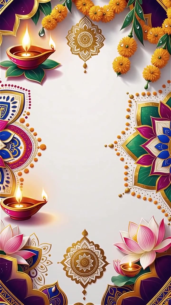 Sfondo Diwali con Diyas luminosi, Rangoli e fiori di loto