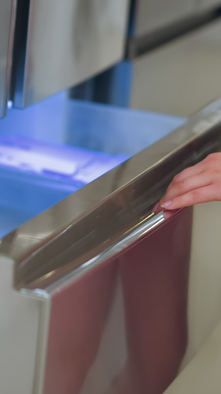 dama con vestido rosa abre el cajón inferior del refrigerador iluminado por una luz azul suave en una tienda bien iluminada, su mano, con un brazalete de plata, sostiene el mango mientras explora el aparato
