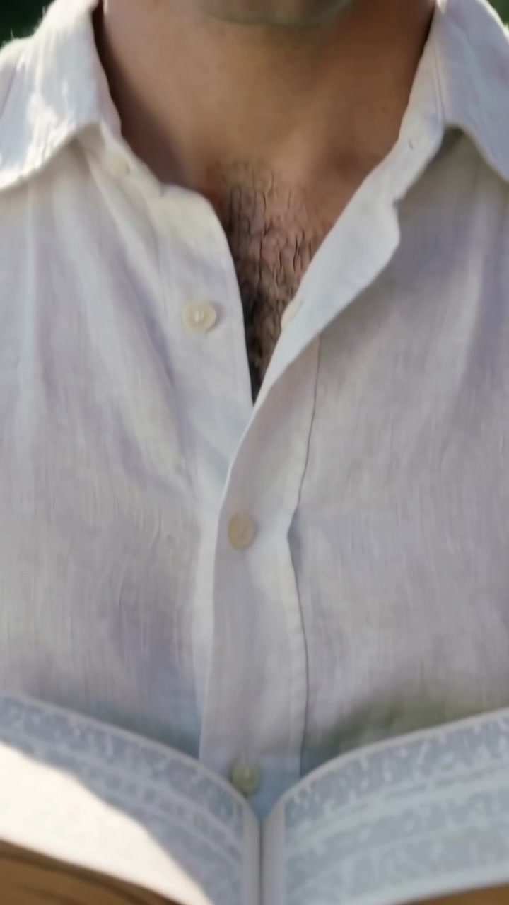 Video verticale: La telecamera in panoramica verso il basso su un uomo che presenta un libro rilegato aperto in un parco, indossando una camicia di lino.