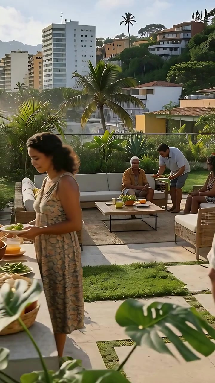 Video verticale: Anziano sorridente in camicia individua gli ospiti, si sposta verso il divano sul ponte, buffet, spazio per il testo.