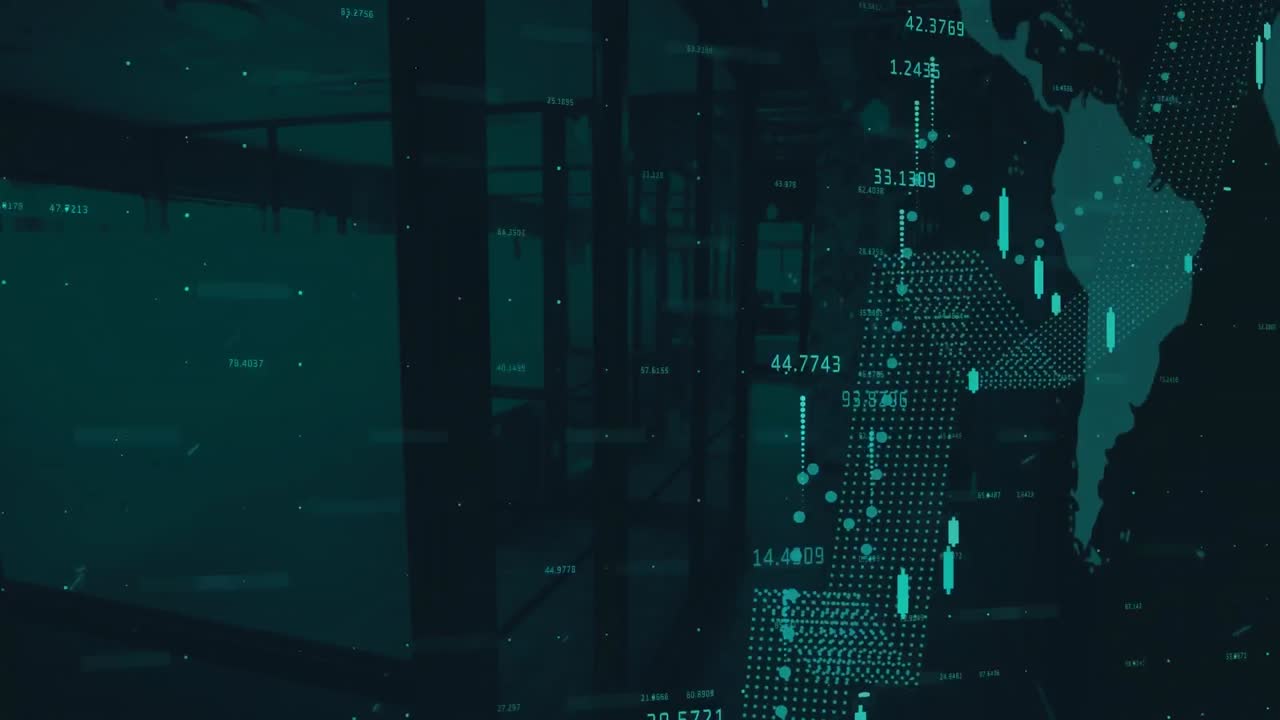 financiële gegevensverwerking over de wereldkaart tegen het stadsbeeld op de achtergrond