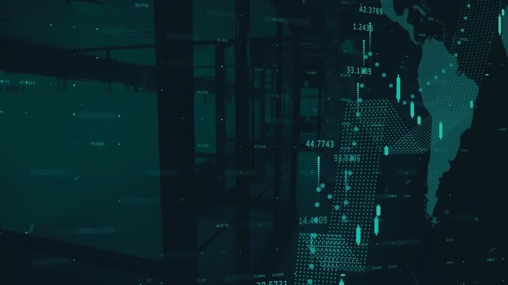 Financial data processing over world map against cityscape in background