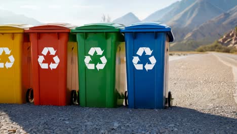 three colorful trash cans lined up on the side of a road