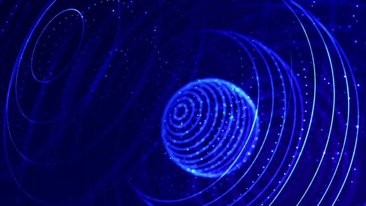 4k looped sci-fi particle background, bokeh and light effects. Glow blue particles form lines, surfaces, complex structures in smooth motion like in microworld or space. Concentric circular structures