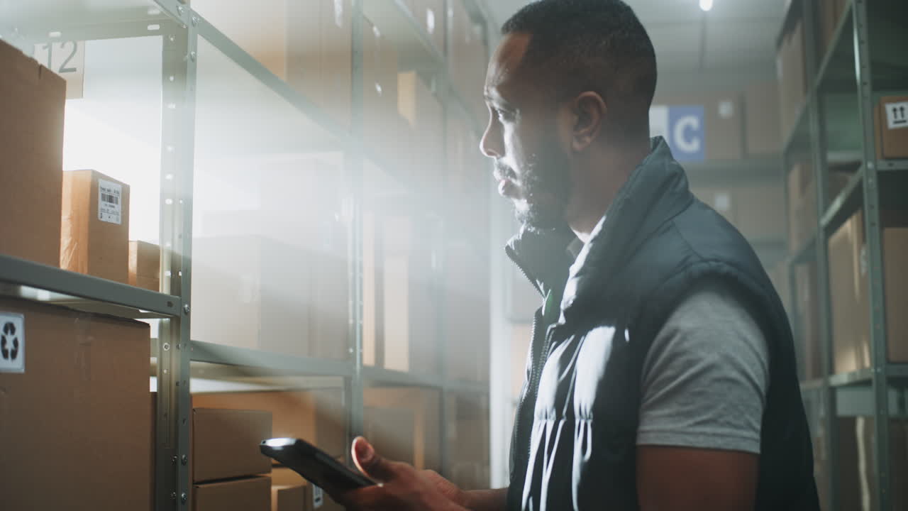 African American Warehouse Associate Checks Parcel Information at Terminal African American Warehouse Associate Scans Code on Cardboard Box with Scanner Checks Parcel Information at Terminal Works in Delivery Service Digital Screen Shows Green Screen Chroma Key Mock up