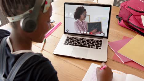 Composition-of-african-american-schoolgirl-on-laptop-online-learning-with-female-teaacher