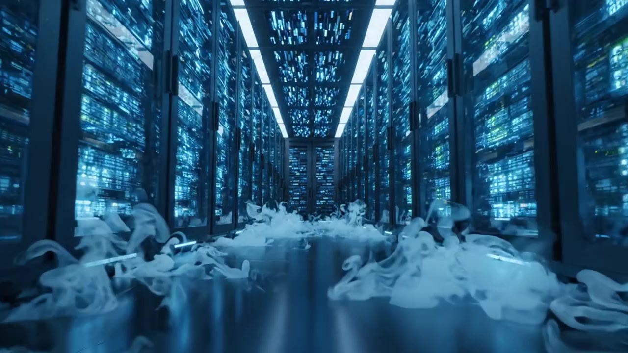 En imponerende udsigt inde i et højteknologisk datacenter med oplyste serverracks, omgivet af røgslør, der fremhæver banebrydende teknologi og digital infrastruktur.