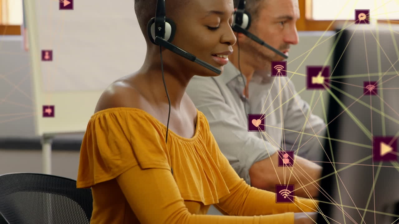 Animation of connected icons forming globes diverse customer agents working on computer at office