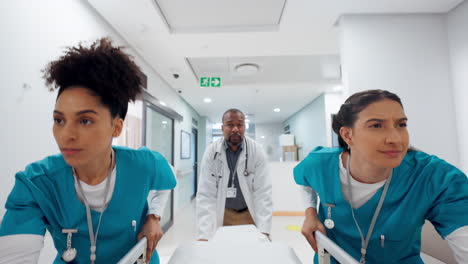 people, doctor and running with bed for emergency