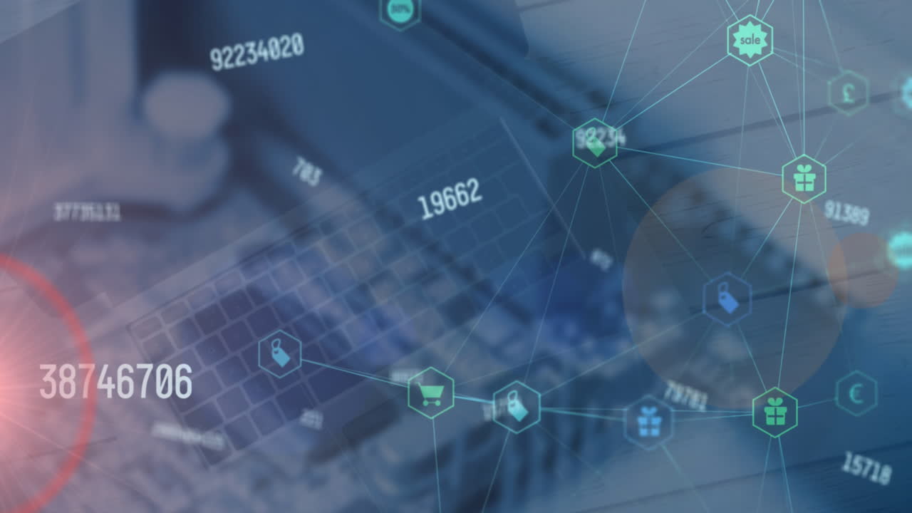 원의 애니메이션, 변하는 숫자, 아이콘은 테이블에 노트북을 통해 선으로 연결됩니다.