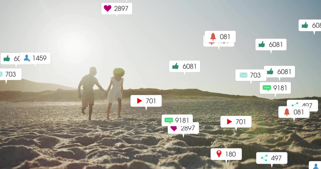 Couple walking along beach initiating social media icons showing engagement growth then decline