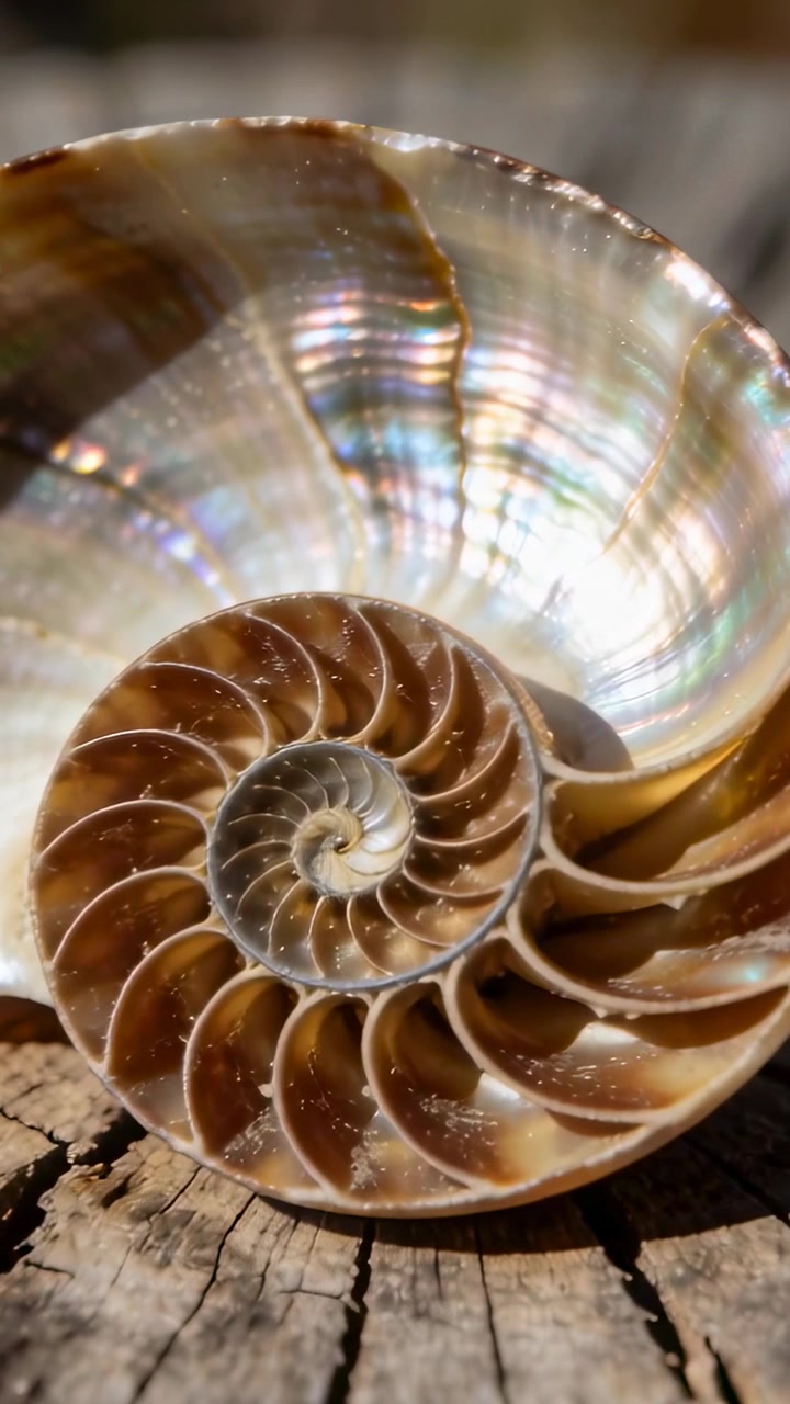 Vertical video: Moving camera closer revealing nautilus shell on stump, highlighting pearly spiral