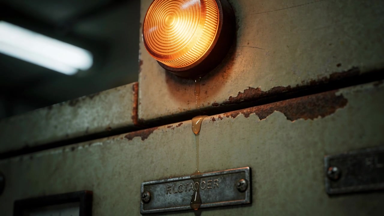 Dripping amber indicator lamp remaining lit, forming viscous beads and dropping on worn metal panel