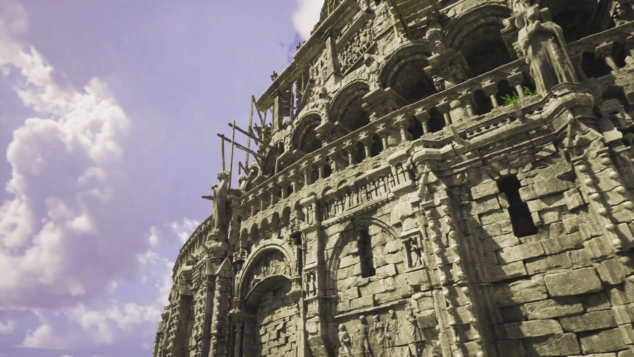 Dramatic ornate facade featuring textured stonework and dramatic angles