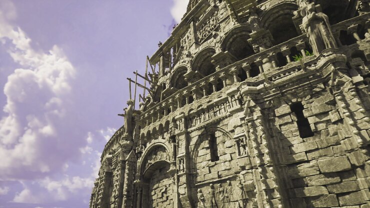 Dramatic ornate facade featuring textured stonework and dramatic angles